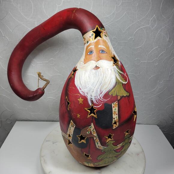 Hand Painted Lighted Santa Gourd Large 17” Holiday Christmas Folk Art Primitive - Picture 1 of 16